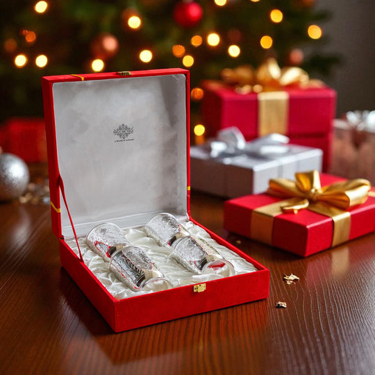 Indian Art Villa Silver Plated Set of 4 Designer Glass Tumbler with Box