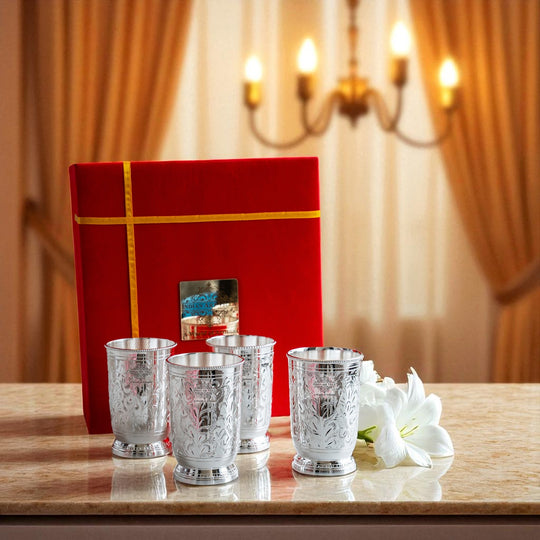 Indian Art Villa Silver Plated Set of 4 Designer Glass Tumbler with Box