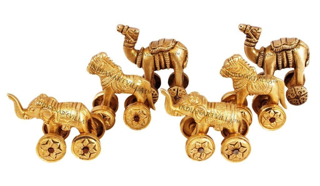 2 Camel 2 Horse 2 Elephant Set of 6 Brass for Gift Decor Home Accent Indian Art Villa