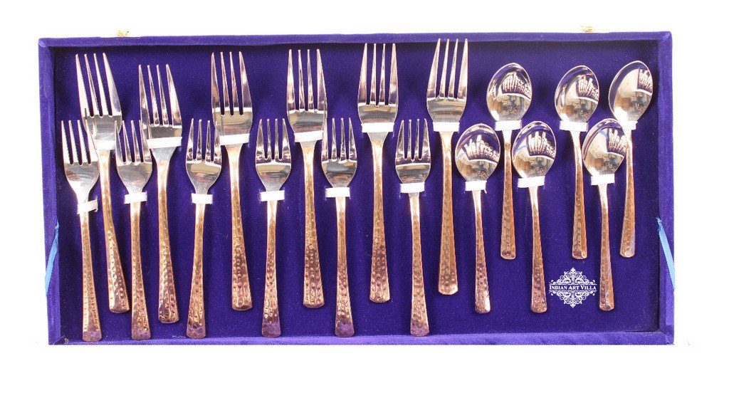 36 Pieces Steel Copper Cutlery Set Steel Copper Serve Ware Combo Indian Art Villa