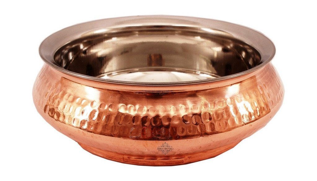 4 Steel Copper Serving Set -1 Bucket | 300 ML | with 1 Punjabi Handi | 450 ML | & 1 Kadai | 350 ML | & 1 Handi | 300 ML Steel Copper Serve Ware Combo Indian Art Villa