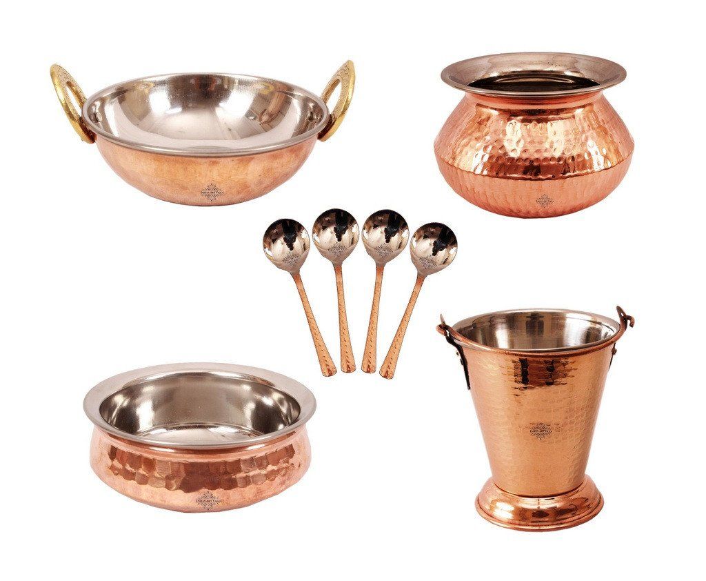 4 Steel Copper Serving Set -1 Bucket | 300 ML | with Punjabi Handi | 450 ML | & Kadai | 350 ML | & Handi | 300 ML | & 4 spoons