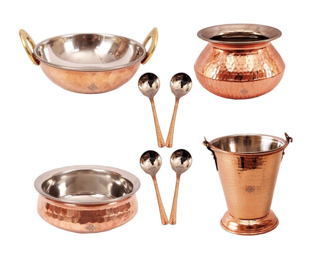 4 Steel Copper Serving Set -1 Bucket | 300 ML | with Punjabi Handi | 450 ML | & Kadai | 350 ML | & Handi | 300 ML | & 4 spoons Steel Copper Serve Ware Combo Indian Art Villa