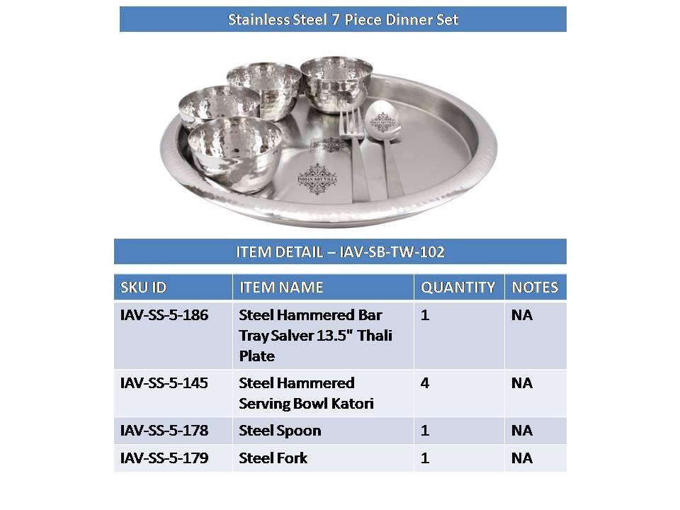 7 Piece Steel Dinner Set - 1 Dinner Plate 4 Bowls 1 Folk 1 Spoon Steel Ware Serve Ware Combo Indian Art Villa