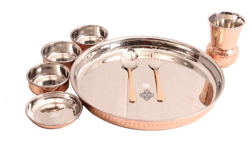 8 Pieces Steel Copper Thali Set Dinner Set - 1 Thali 4 Bowls 1 Glass 1 Spoon & 1 fork
