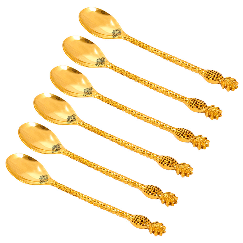 Brass Designer Spoon, Pineapple Design, Flatware, 8.5'' Inch, Gold, Set of 6