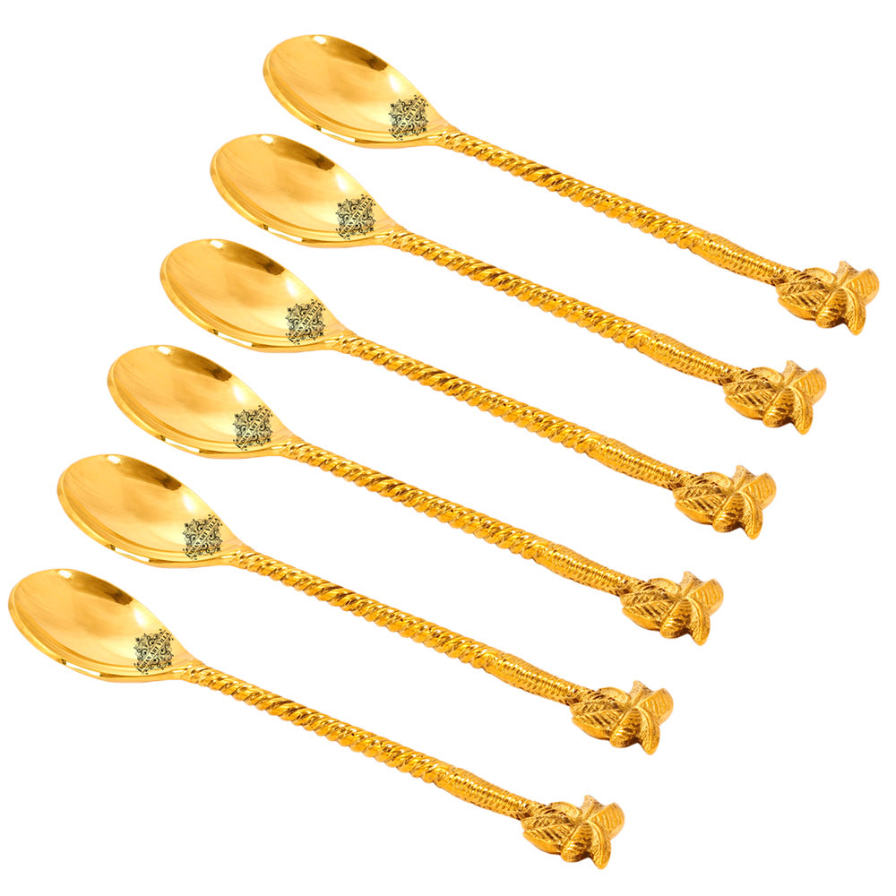 Brass Designer Spoon, Tree Design, Flatware, 8.3'' Inch, Gold, Set of 6