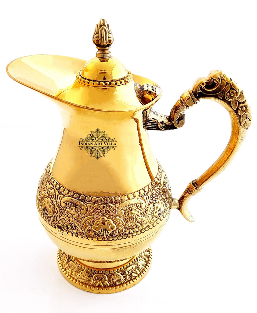 Brass Designer Embossed Mughlai Style Jug, Pitcher with beaded design | Drinkware | Tableware | 1000 ml