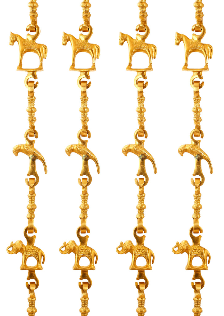 Brass Jhula Chain Horse, Parrot, Elephant with 3 step Designer Chain 74" Inch Each, Set of 4