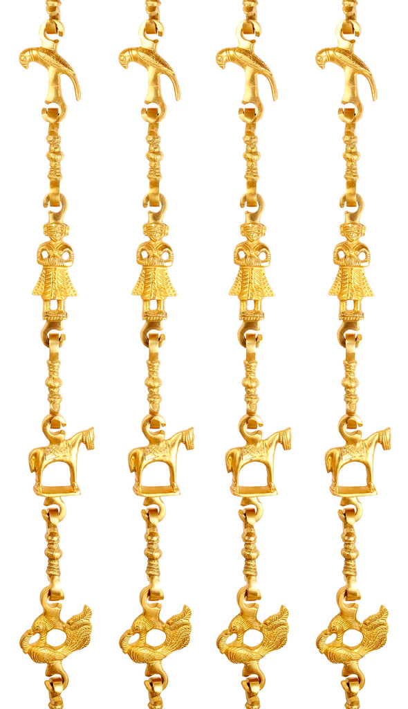 Brass Jhula Chain Parrot, Men Guard, Horse, Peacock with 3 step Designer Chain 76.1" Inch Each, Set of 4
