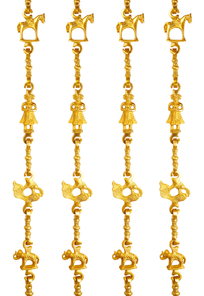 Brass Jhula Chain Horse, Men Guard, Peacock, Elephant With 3 step Designer Chain 76.1" Inch Each, Set of 4