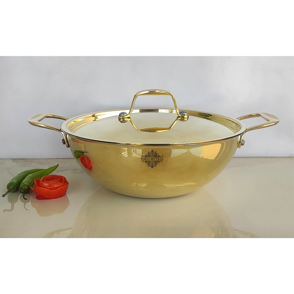 IndianArtVilla Pure Brass with tin Lining & Gold Finish Kadhai/Wok With Lid  & Handle On Both Side