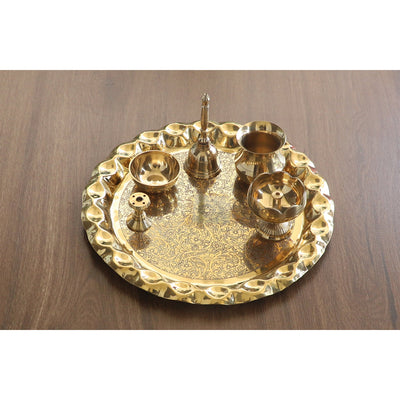 Indian Art Villa Brass Handmade Embossed Pooja Thali Set with perfect Space & Raised Borders , Spiritual Item, 10.1