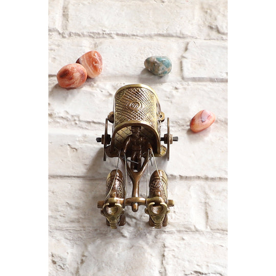Indian Art Villa Brass Handcrafted Cart With Two Bull Showpiece Figurine, Home Hotel Office Decorative Item, Size-5.5x11.5 cm