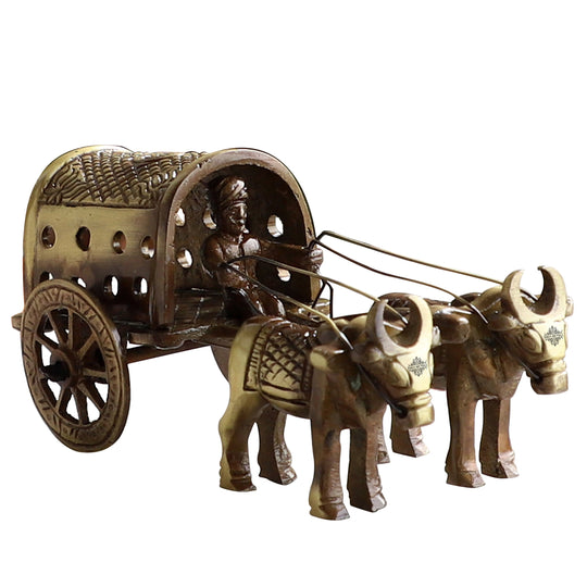Indian Art Villa Brass Handcrafted Cart With Two Bull Showpiece Figurine, Home Hotel Office Decorative Item, Size-5.5x11.5 cm