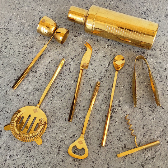 Indian Art Villa S/S Gold & Black Gold Shine Finish 8 Pcs Bar Set