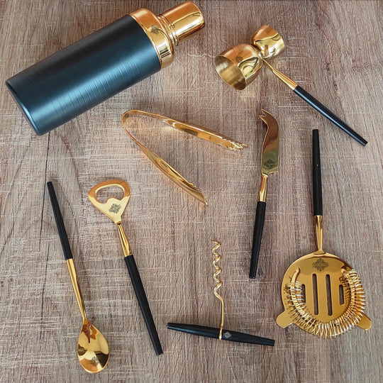 Indian Art Villa S/S Gold & Black Gold Shine Finish 8 Pcs Bar Set