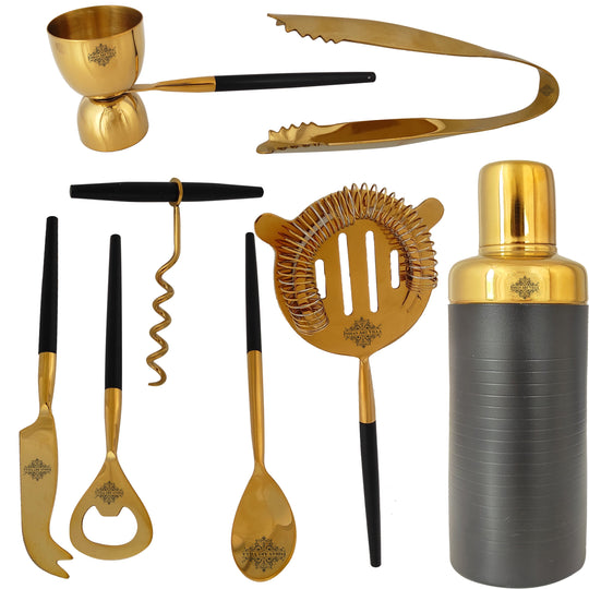 Indian Art Villa S/S Gold & Black Gold Shine Finish 8 Pcs Bar Set