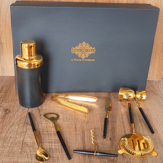 Indian Art Villa S/S Gold & Black Gold Shine Finish 8 Pcs Bar Set