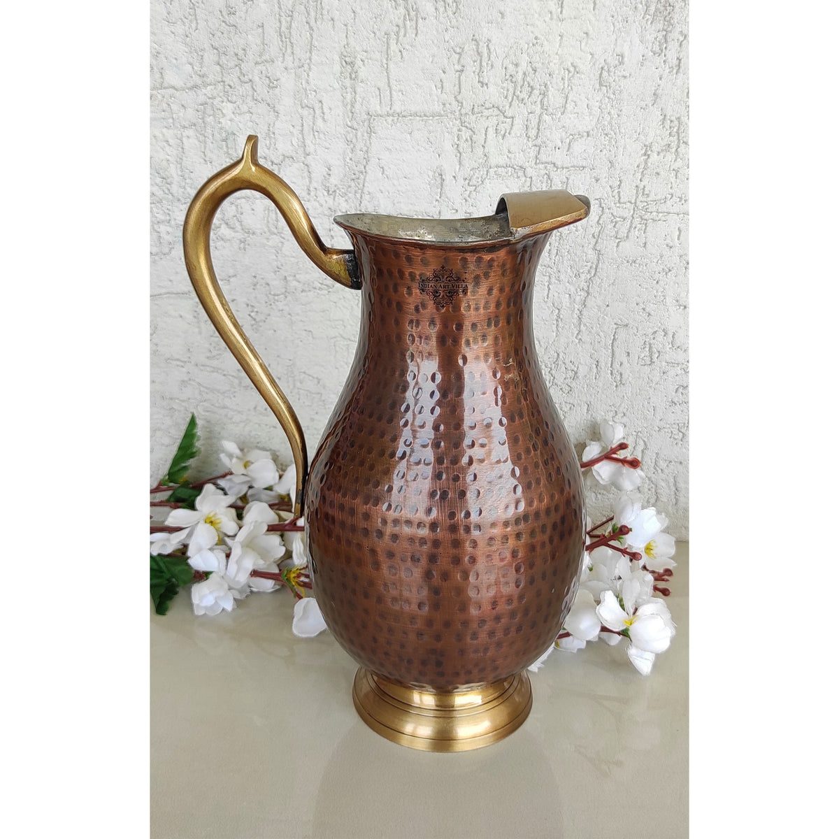 Indian Art Villa Pure Copper Nickle Mughlai Hammered Design Antique Dark Tone Jug with Brass Handle & Bottom