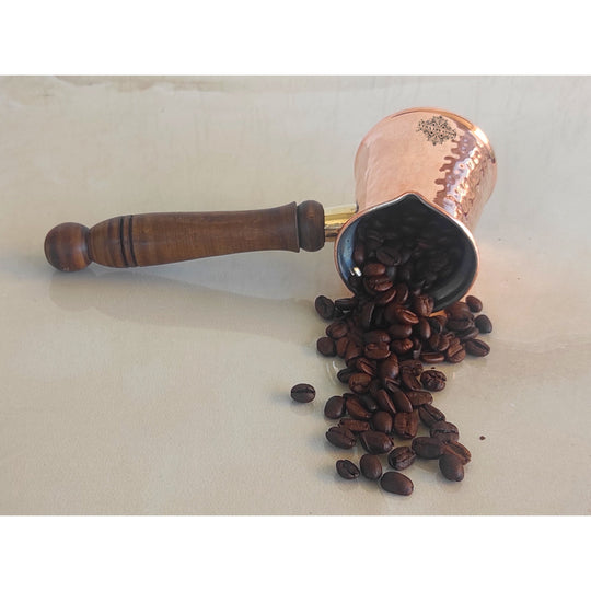 Indian Art Villa Pure Copper With Tin Lining Inside Turkish Kettle Mug with Wooden Handle & Hammered Design, Coffee tea Mug Pourer