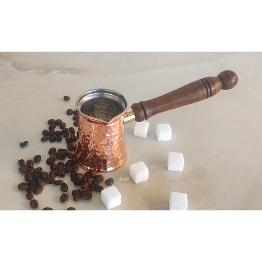 Indian Art Villa Pure Copper With Tin Lining Inside Turkish Kettle Mug with Wooden Handle & Hammered Design, Coffee tea Mug Pourer