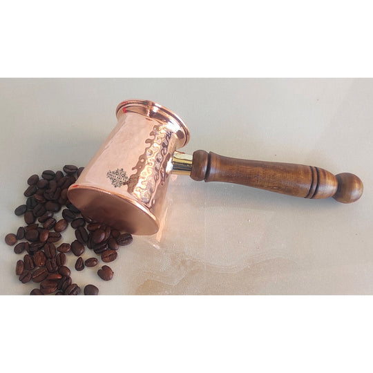 Indian Art Villa Pure Copper With Tin Lining Inside Turkish Kettle Mug with Wooden Handle & Hammered Design, Coffee tea Mug Pourer