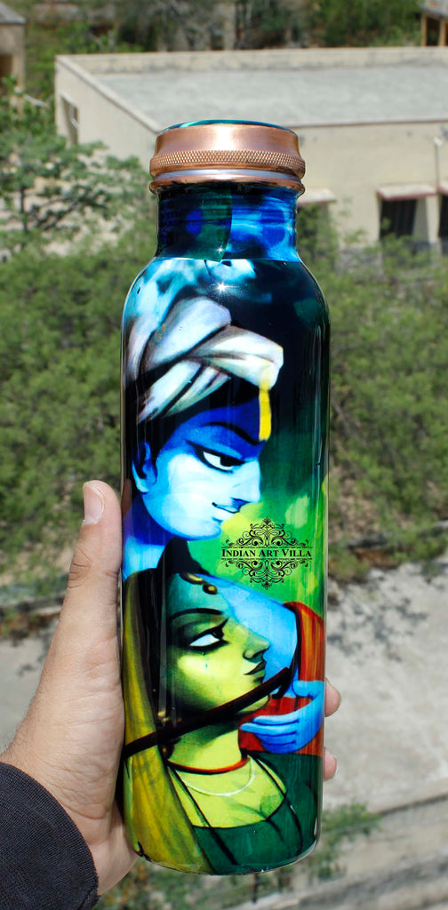 Copper Radha Krishna Design water Bottle , 33 Oz , Multi-color
