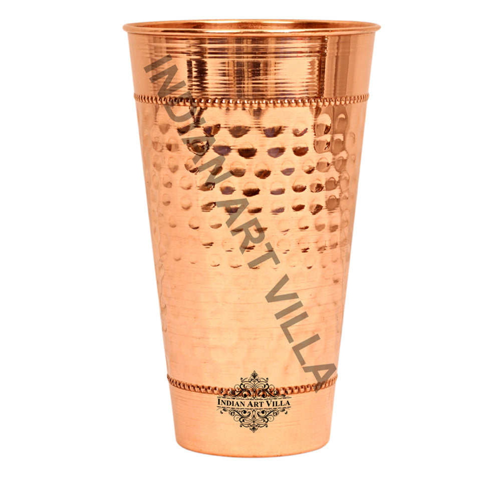 Copper Hammered Design Big Glass Tumbler with 2 Rings Set of