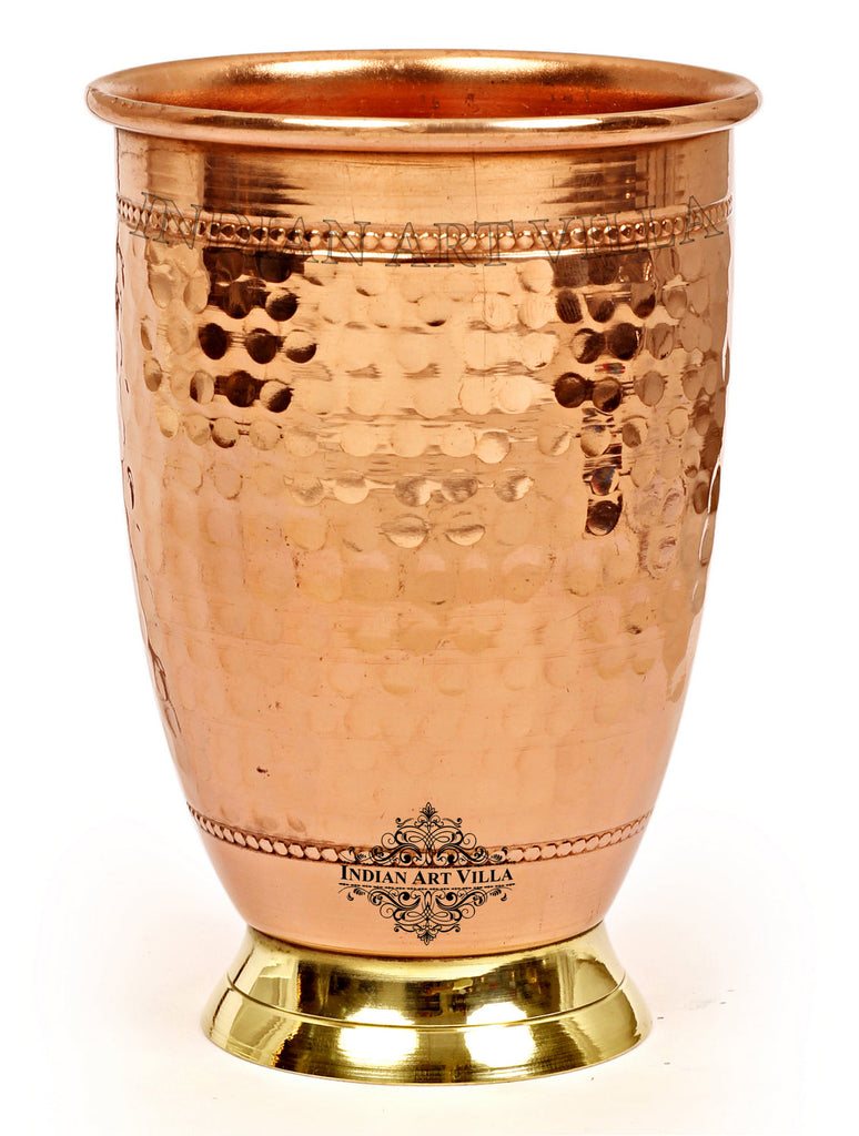 Copper Hammered Design Glass Tumbler With Brass Bottom