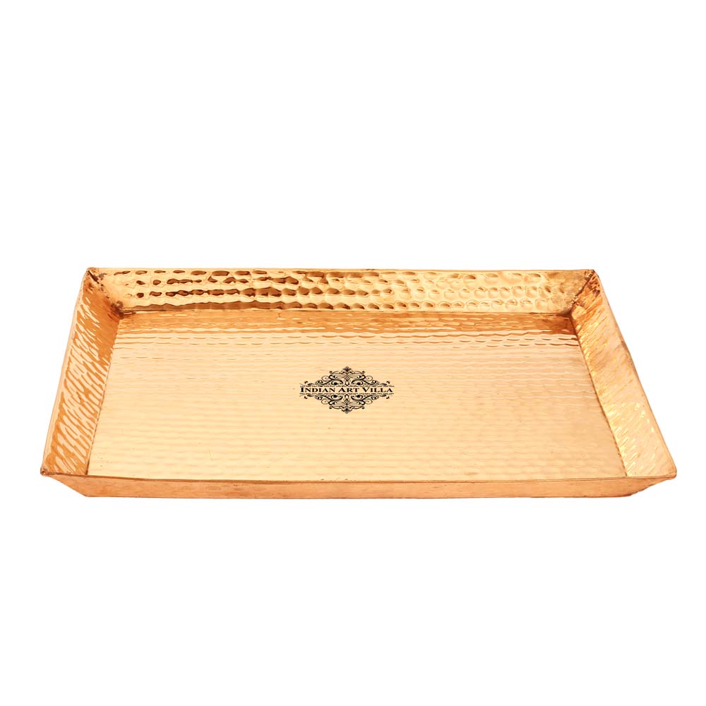 Copper Hammered Square Tray With Beeding- 32x32 Cm