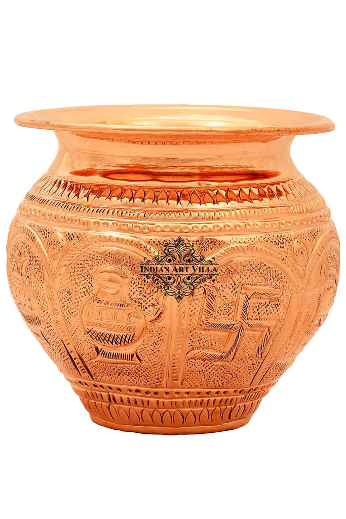 Copper Swastik Design Lota Kalash Pot, Pooja Temple Home Office, 21 oz