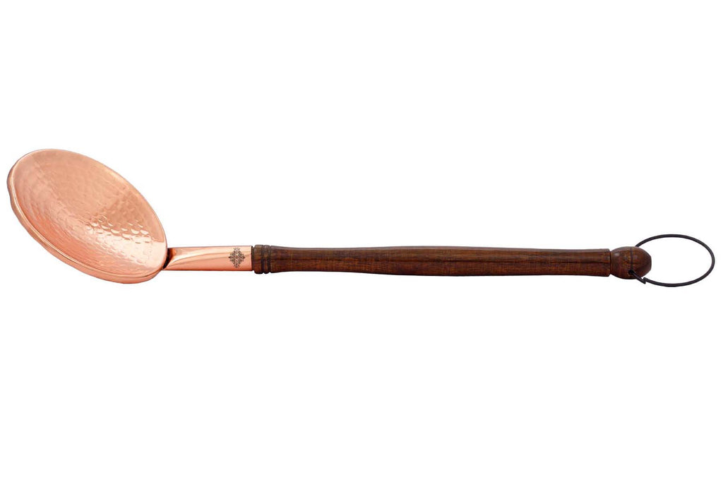 Copper Hammered Serving Spoon With Wooden Handle And Hanging Ring,  15.5" Inch,
