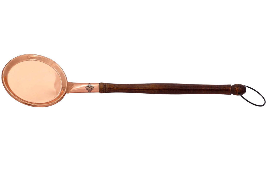 Copper Flat Serving Spoon With Wooden Handle And Hanging Ring,  15.8" Inch,