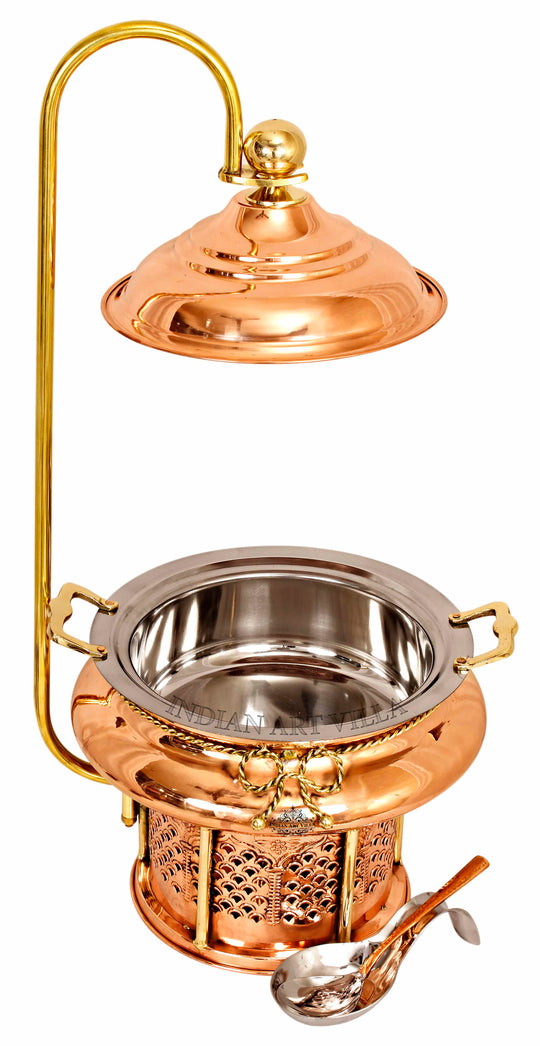 IndianArtVilla Steel Copper Chafing Dish with Sigdi Gelfuel Stand & Handle, Buffet Warmer Serveware Party