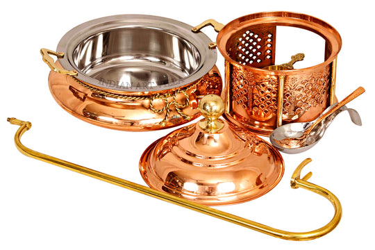 IndianArtVilla Steel Copper Chafing Dish with Sigdi Gelfuel Stand & Handle, Buffet Warmer Serveware Party