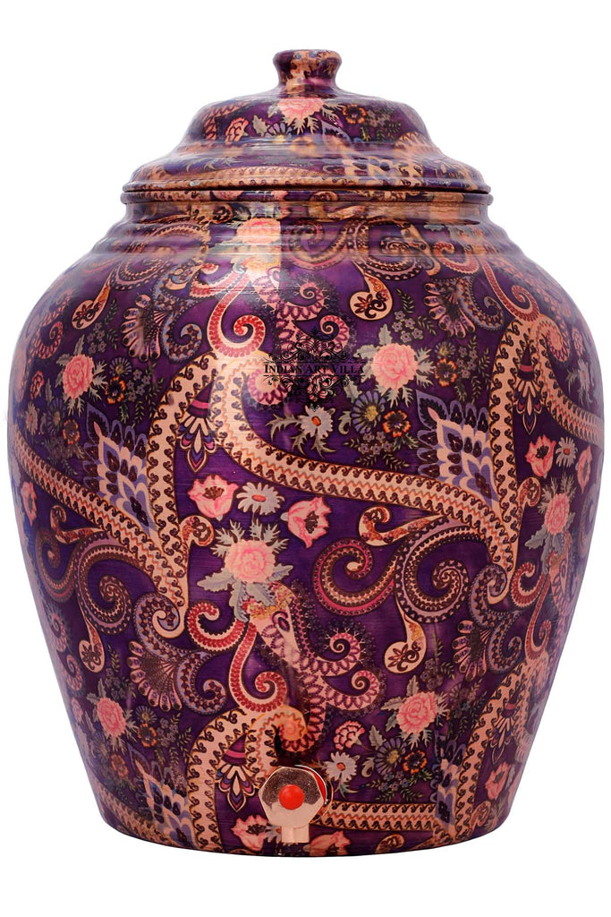 Copper Printed Flower Leaf Design Purple Water Dispenser Pot Matka, Storage