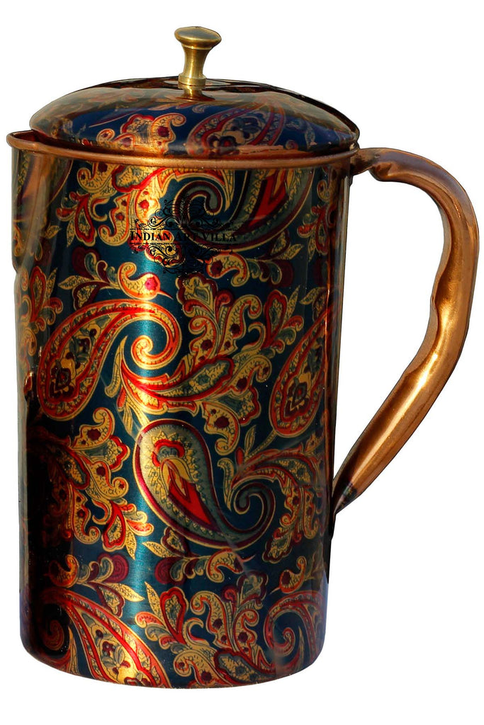 Pure Copper Paisley Printed Design Jug, Pitcher With Brass Knob on Lid, Serveware, Drinkware, 1500ml