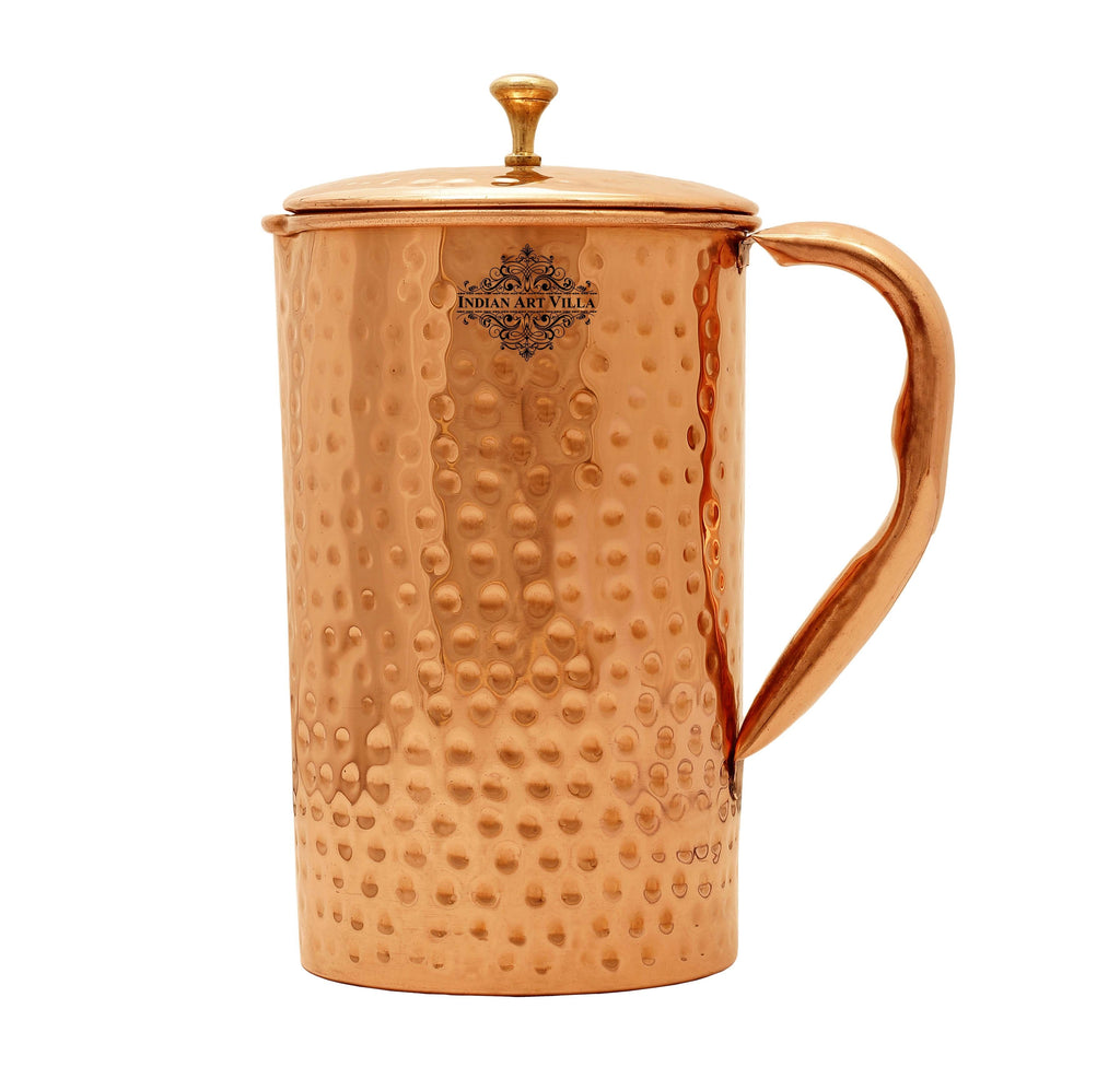 Pure Copper Hammered Jug, Pitcher with Brass Knob on Lid, Serveware, Drinkware