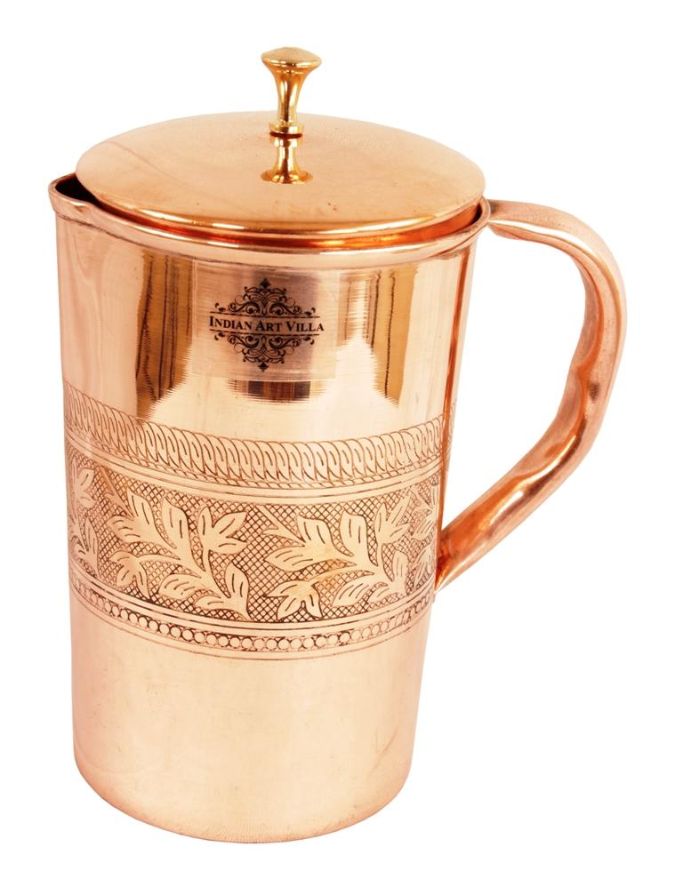Indian Art Villa Pure Copper Half Embossed Jug, Pitcher With Brass Knob on Lid, Serveware, Drinkware
