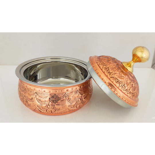 Indian Art Villa Steel Copper Casserole/Hot Pot With Deep Embossed Design & Brass Knob, Volume-33.80 Oz