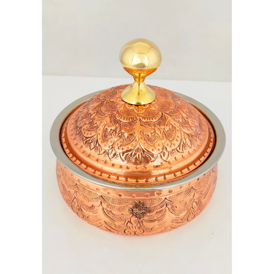 Indian Art Villa Steel Copper Casserole/Hot Pot With Deep Embossed Design & Brass Knob, Volume-33.80 Oz