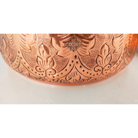 Indian Art Villa Steel Copper Casserole/Hot Pot With Deep Embossed Design & Brass Knob, Volume-33.80 Oz
