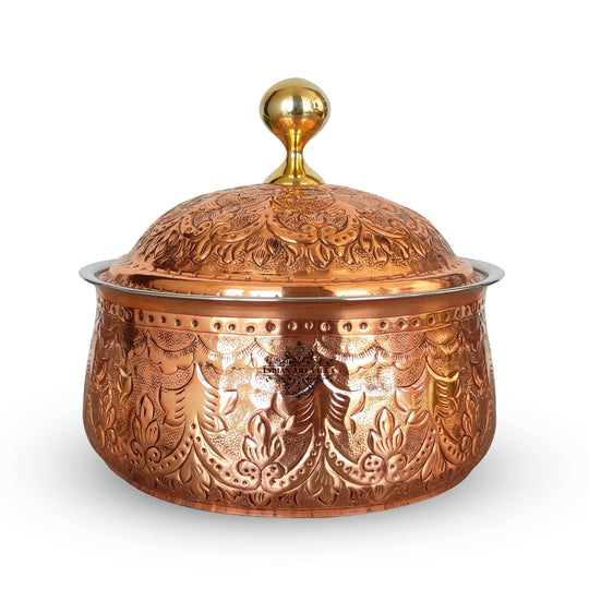 Indian Art Villa Steel Copper Casserole/Hot Pot With Deep Embossed Design & Brass Knob, Volume-33.80 Oz