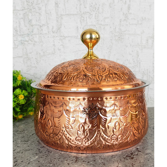 Indian Art Villa Steel Copper Casserole/Hot Pot With Deep Embossed Design & Brass Knob, Volume-33.80 Oz