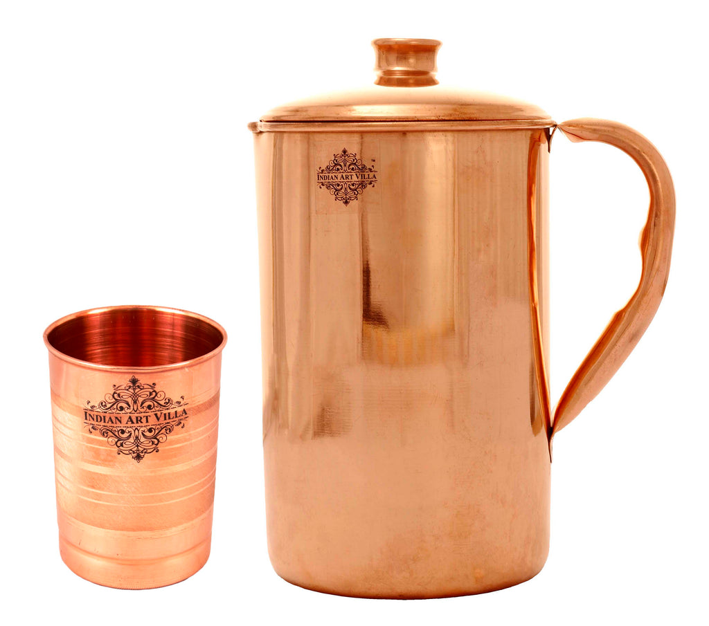 Pure Copper Set of 1 Jug Pitcher 40 Oz with 1 Glass Tumbler 10 Oz - Storage Serving Water Benefit Yoga Ayurveda