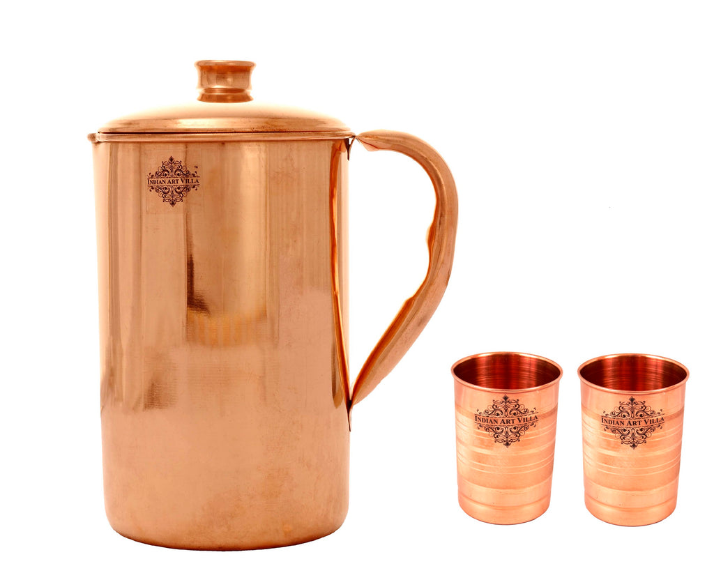 Pure Copper Set of 1 Jug Pitcher 40 Oz with 2 Glass Tumbler 10 Oz - Storage Serving Water Benefit Yoga Ayurveda