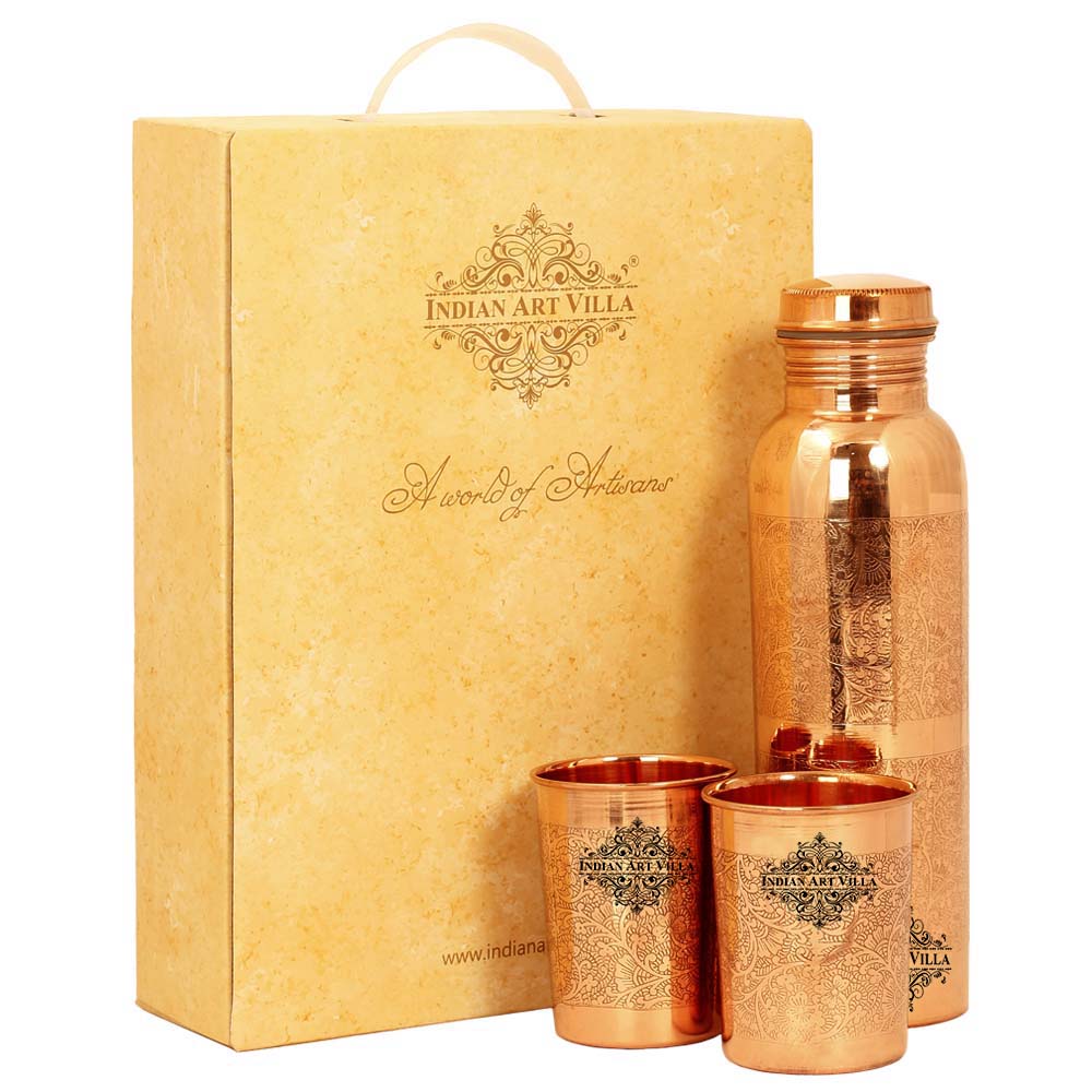 Copper Embossed Design Bottle 33 Oz With 2 Glass Gift Set