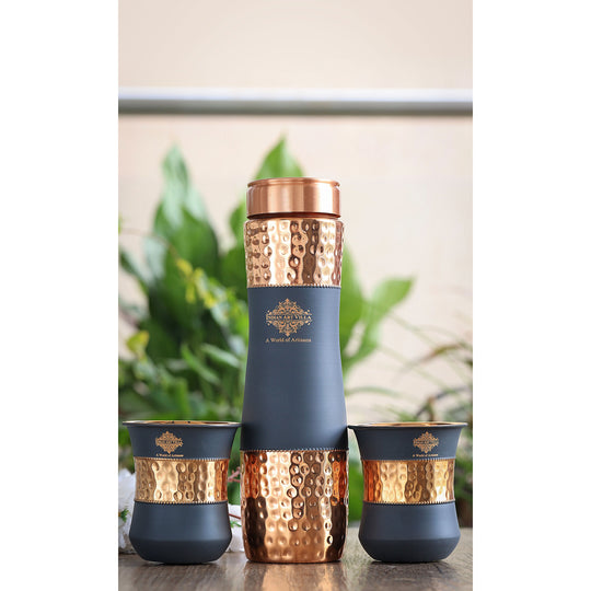 Indian Art Villa Pure Copper Drinkware Gift Set of 2 Glass and 1 Bottle in Grey Silk Finish