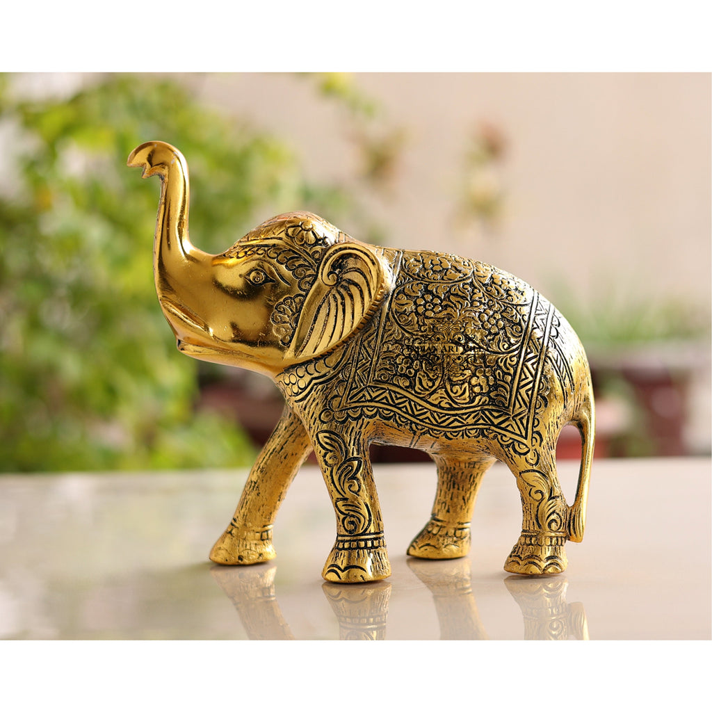 Indian Art Villa Aluminium Elephants With Dark Embosed Brass Finish Design,  Home Decor, Room Decor, Handicarft Item & Decor, Color- Golden
